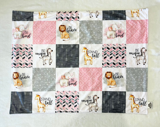 Embroidered Personalised Minky Dot Blanket - "Courageous Animals Pink"