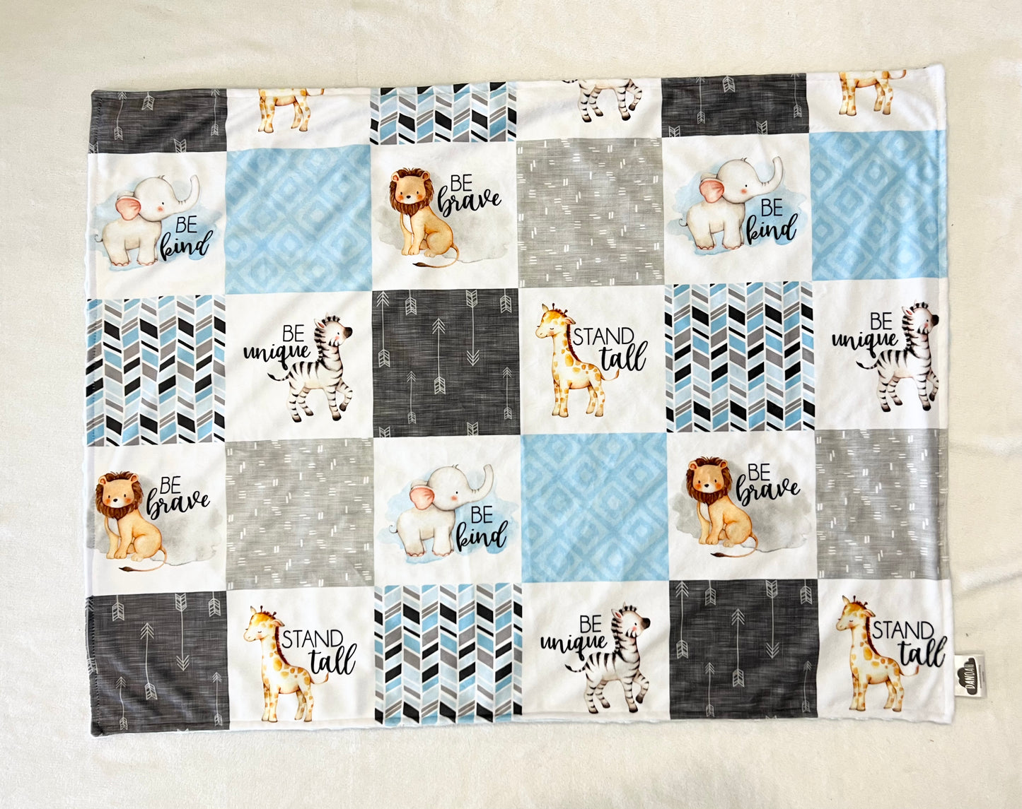 Embroidered Personalised Minky Dot Blanket - "Courageous Animals Blue"