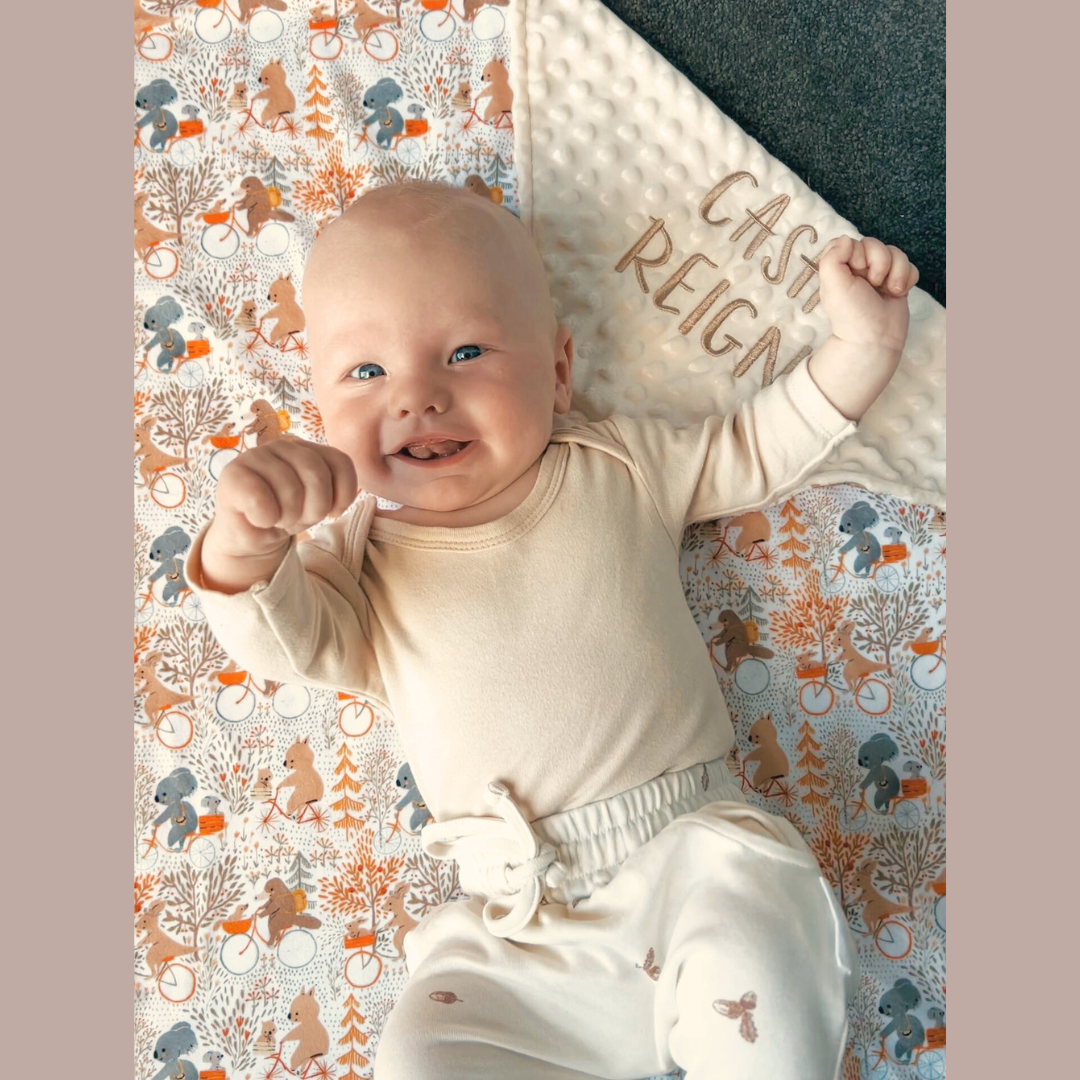 Embroidered Personalised Minky Dot Blanket - "Australian Animal Adventures"