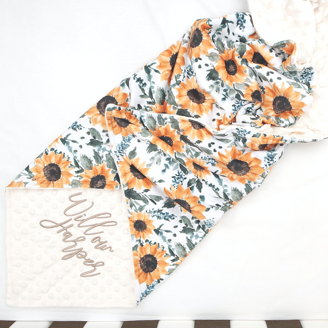 Embroidered Personalised Minky Dot Blanket - "Sunflower"