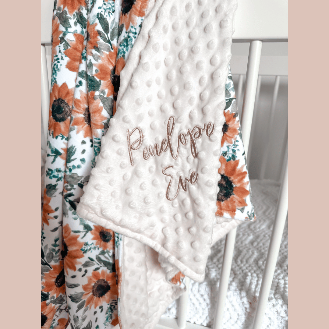 Embroidered Personalised Minky Dot Blanket - "Sunflower"