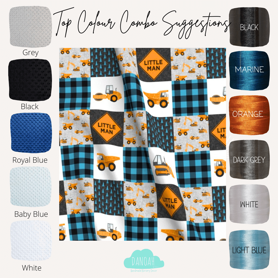 Embroidered Personalised Minky Dot Blanket - "Blue Construction"