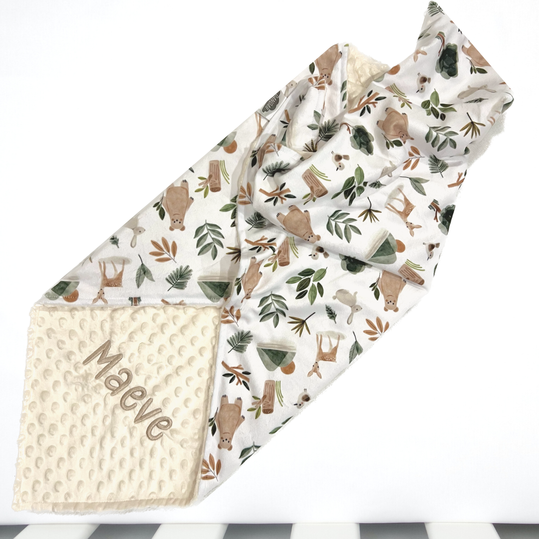 Embroidered Personalised Minky Dot Blanket - "Forest Friends"