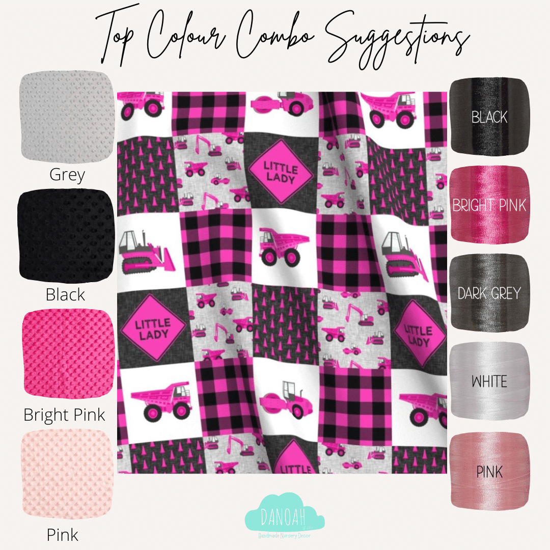 Embroidered Personalised Minky Dot Blanket - "Little Lady Construction"