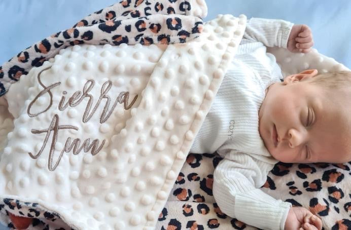 Embroidered Personalised Minky Dot Blanket - "Animal Print"