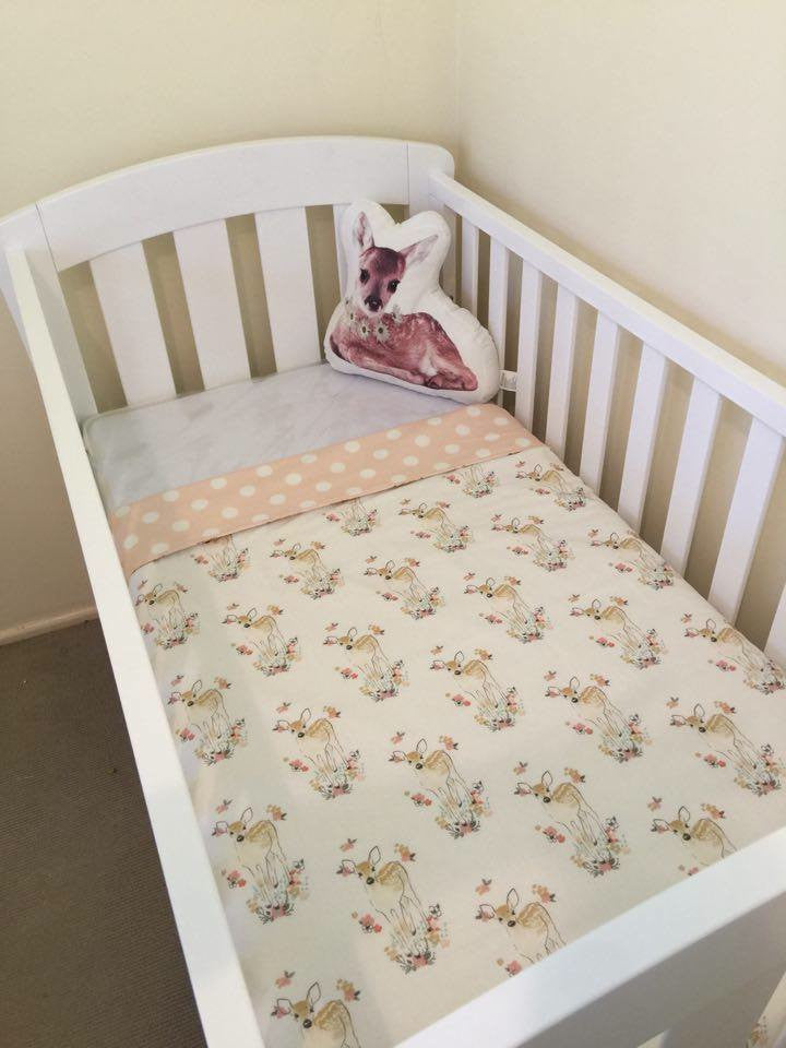 White Deer & Pink Polka Dot Reversible Cot Quilt