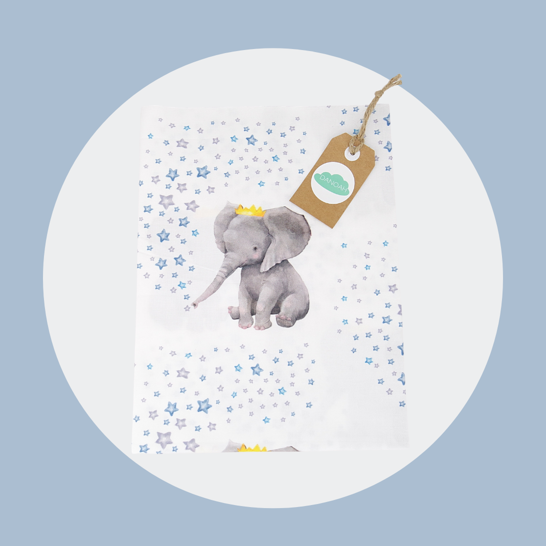 100% Cotton Cot/Bassinet Fitted Sheet or Change Table Cover - Blue Crown Elephant