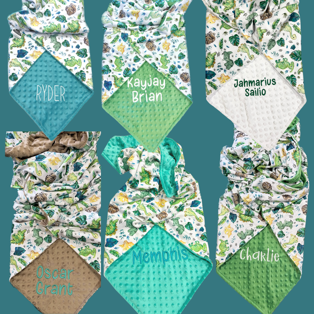 Embroidered Personalised Minky Dot Blanket - "Dinosaur"