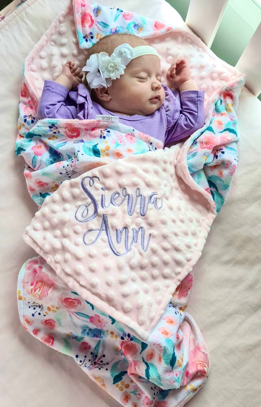 Embroidered Personalised Minky Dot Blanket - "Bright Floral"