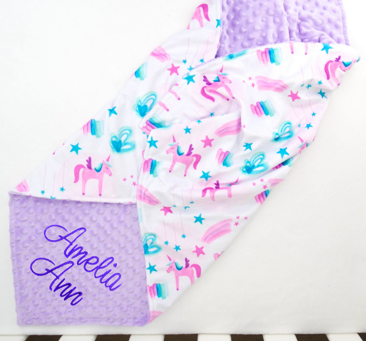 Embroidered Personalised Minky Dot Blanket - "Purple Unicorns"