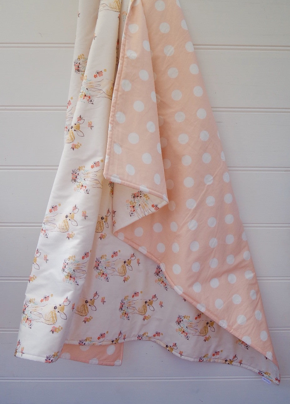White Deer & Pink Polka Dot Reversible Cot Quilt