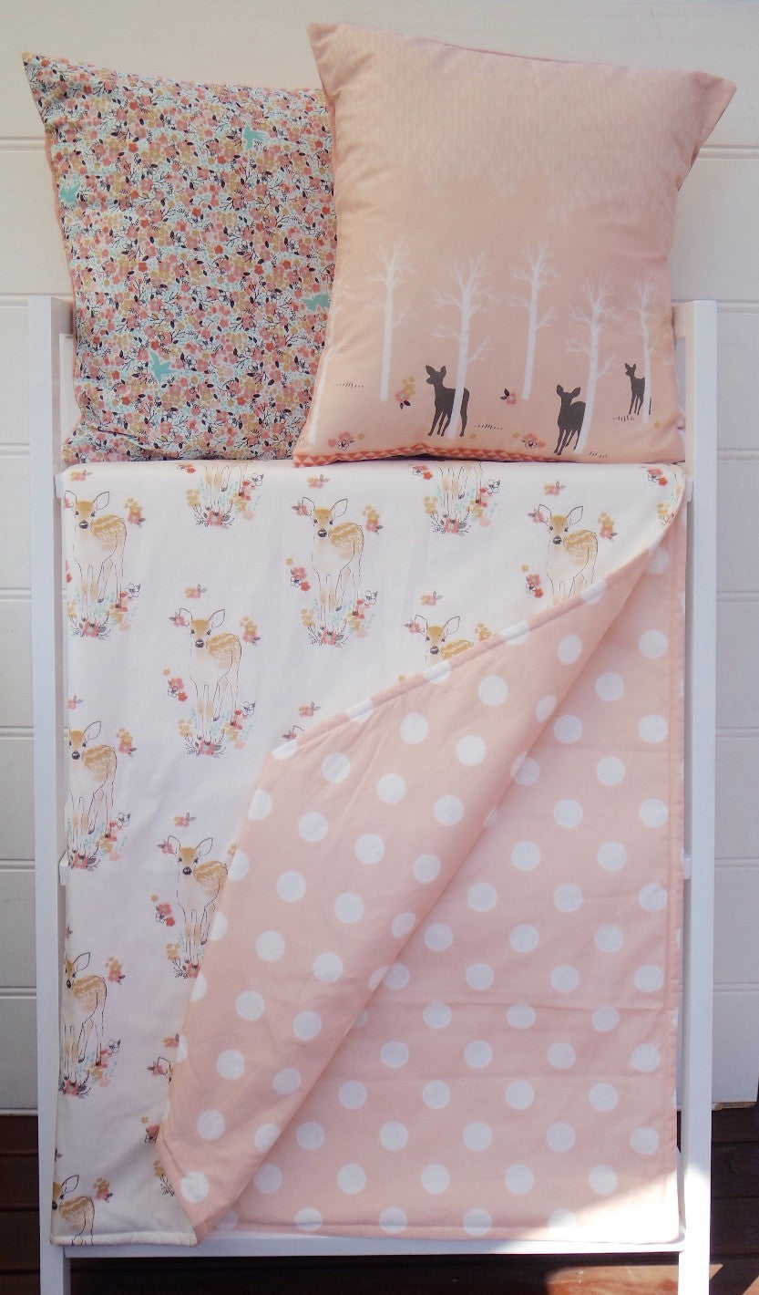 White Deer & Pink Polka Dot Reversible Cot Quilt