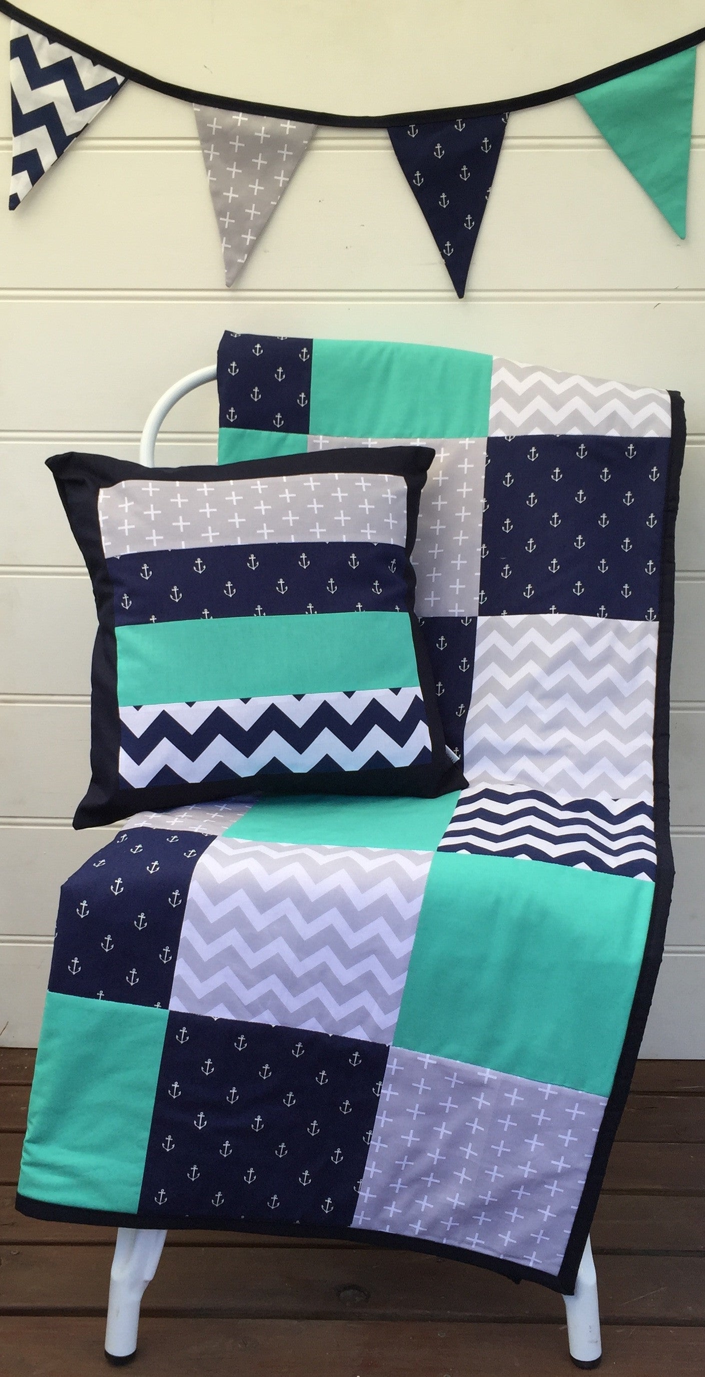 Navy Blue & Teal Anchors Patchwork Quilt