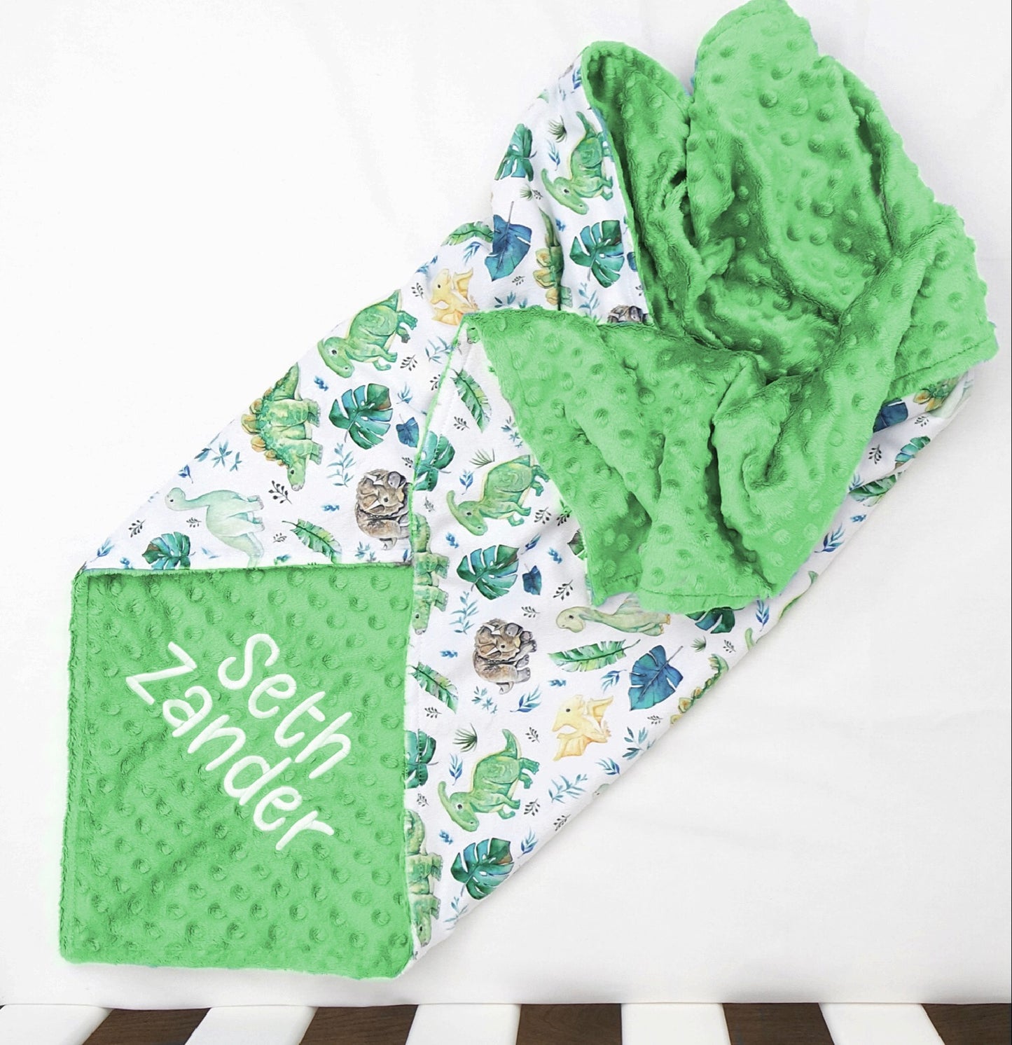 Embroidered Personalised Minky Dot Blanket - "Dinosaur"