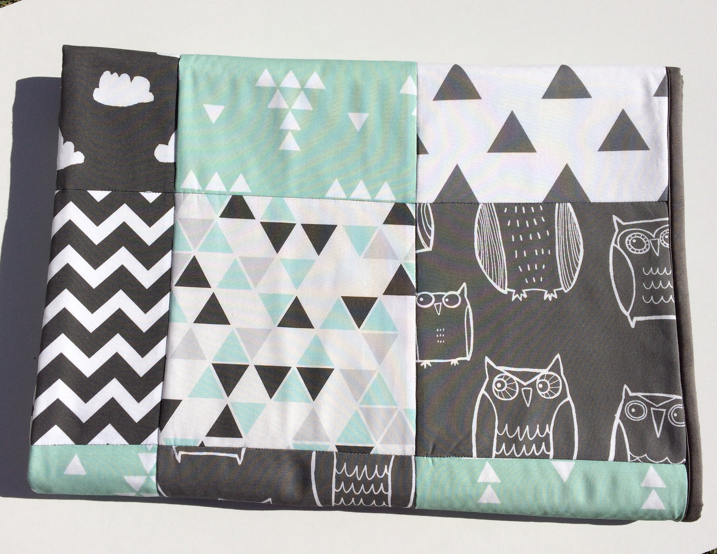 Aqua & Grey Owls Patchwork Quilt