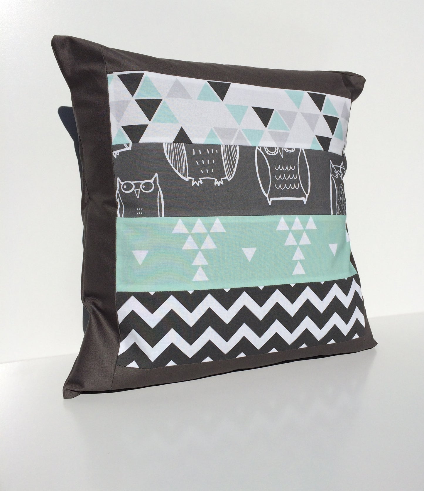 Aqua & Grey Owls Patchwork Cushion Cover