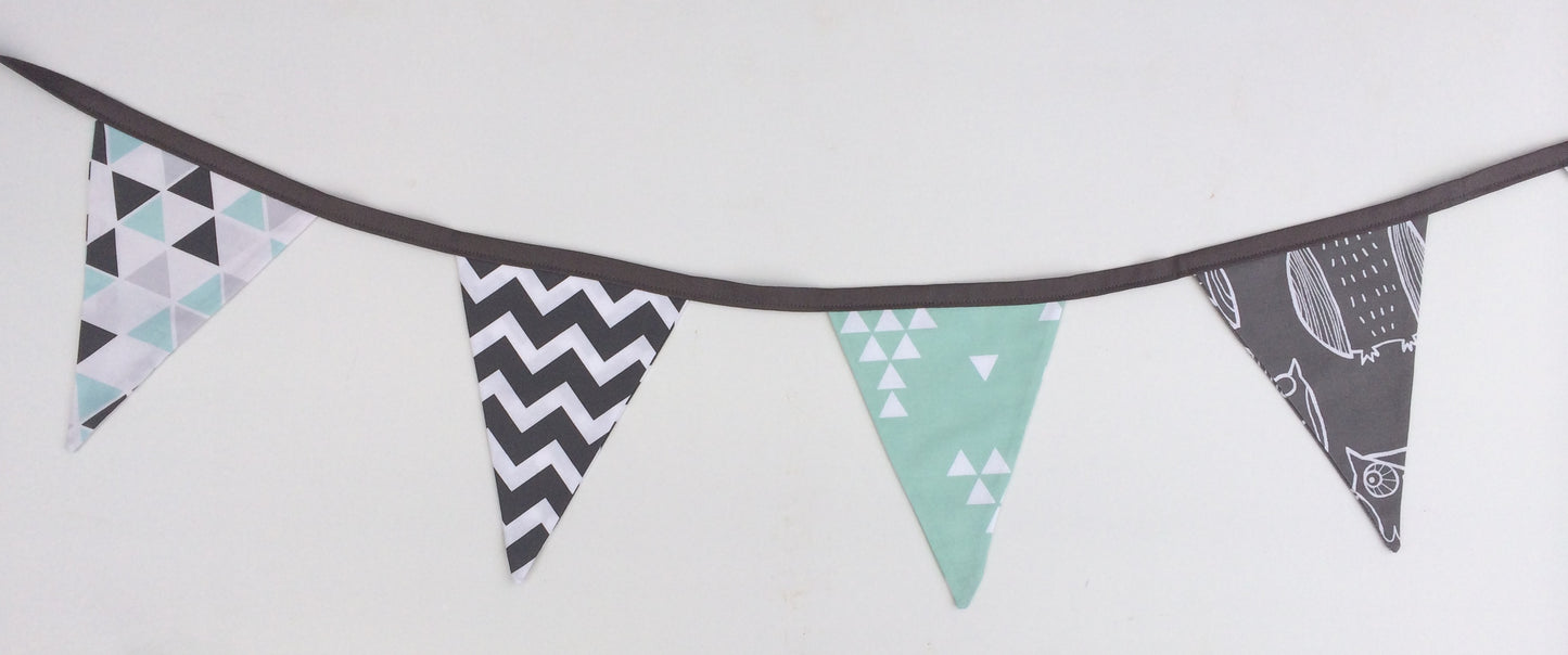 Aqua & Grey Owls Bunting Flags