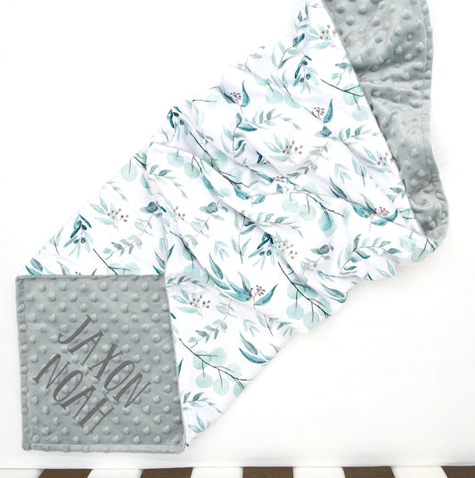 Embroidered Personalised Minky Dot Blanket - "Australian Eucalyptus"