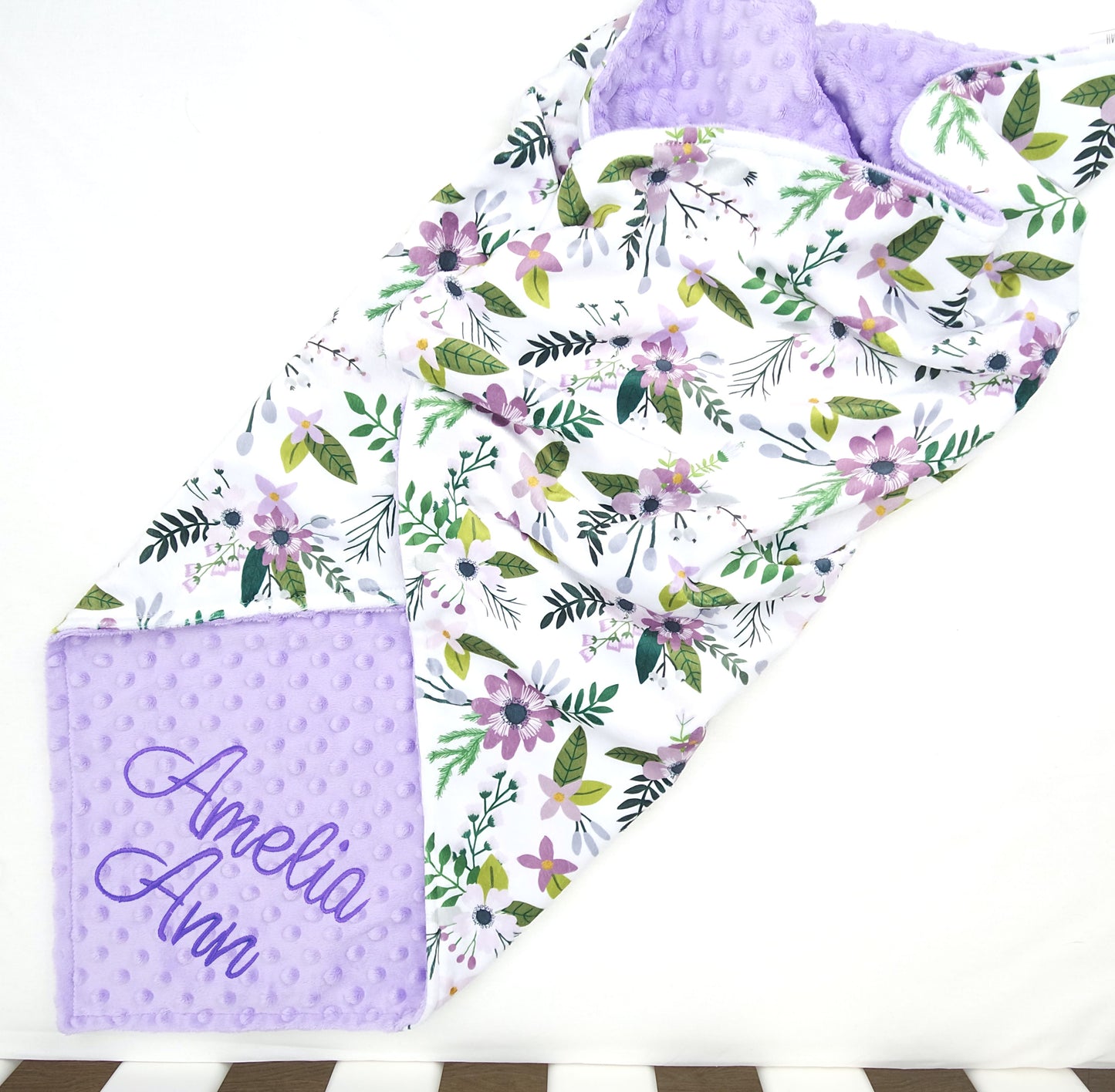 Embroidered Personalised Minky Dot Blanket - "Purple Floral"
