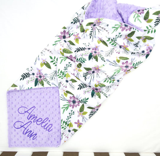 Embroidered Personalised Minky Dot Blanket - "Purple Floral"