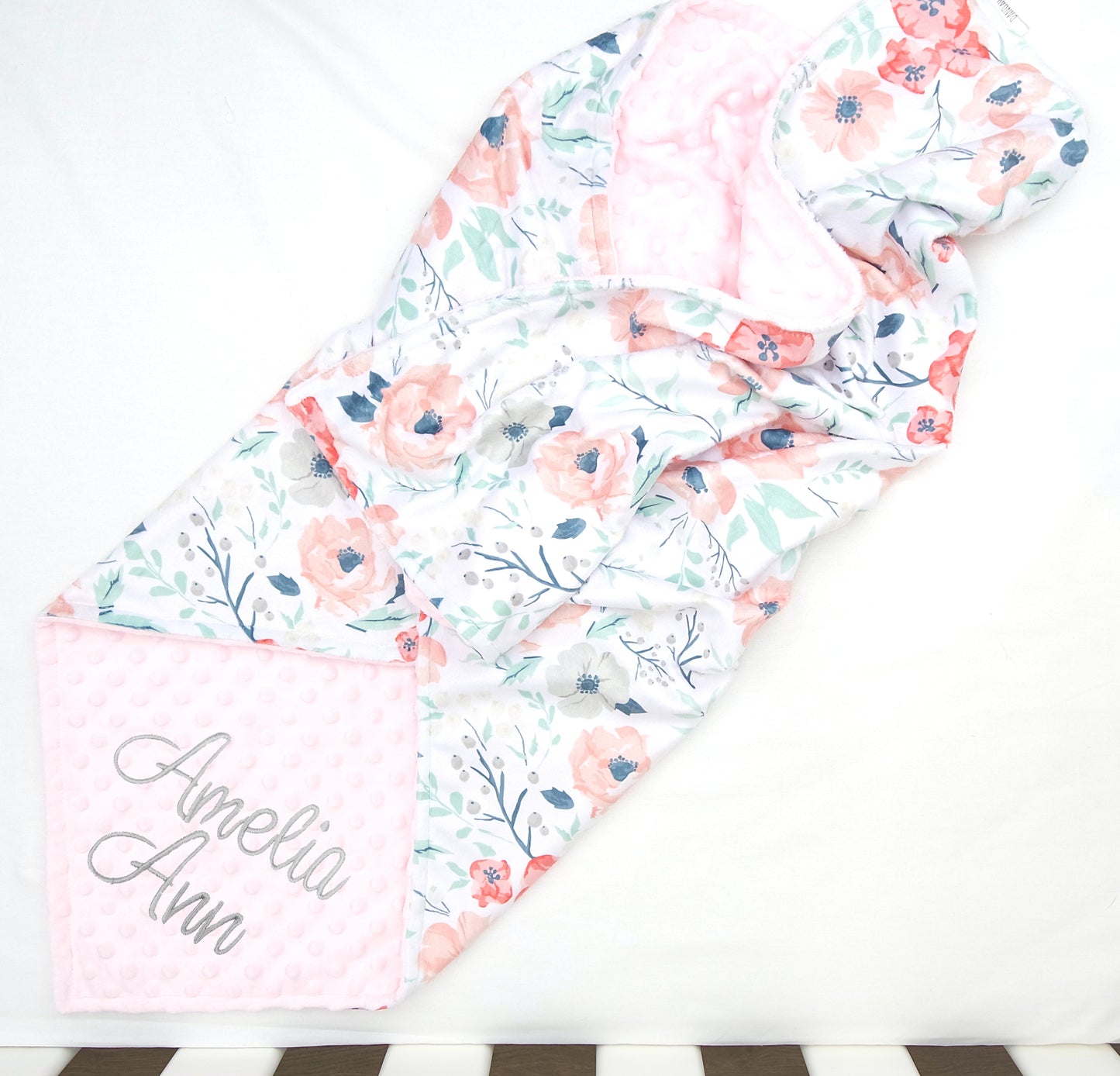 Embroidered Personalised Minky Dot Blanket - "Pastel Floral"