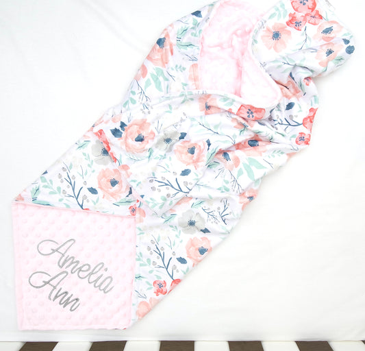 Embroidered Personalised Minky Dot Blanket - "Pastel Floral"