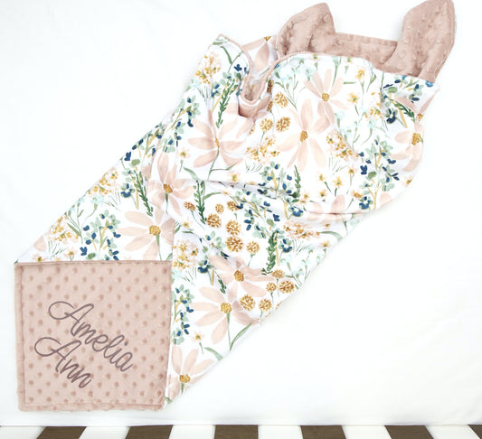 Embroidered Personalised Minky Dot Blanket - "Neutral Floral"