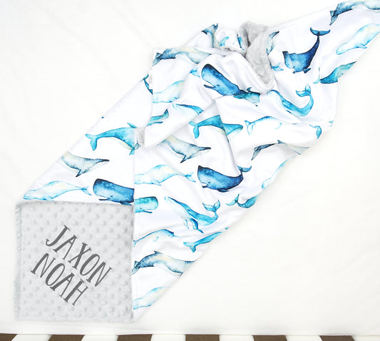 Embroidered Personalised Minky Dot Blanket - "Ocean Whales"