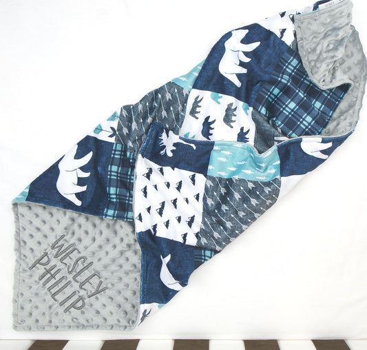 Embroidered Personalised Minky Dot Blanket - "Blue & Mint Woodland"