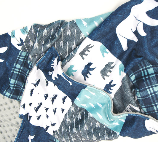 Embroidered Personalised Minky Dot Blanket - "Blue & Mint Woodland"