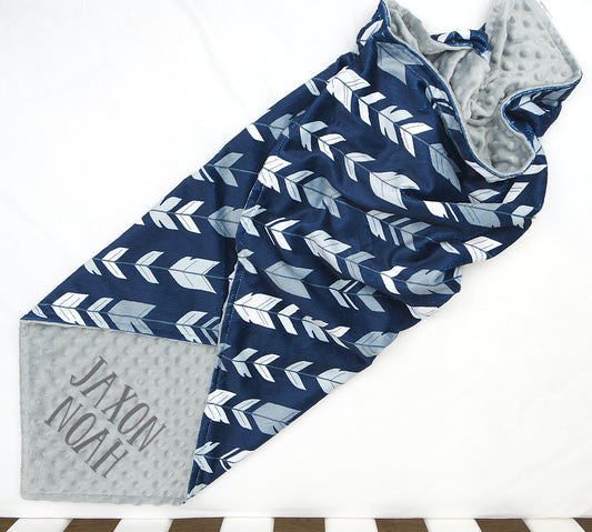 Embroidered Personalised Minky Dot Blanket - "Navy Arrows"