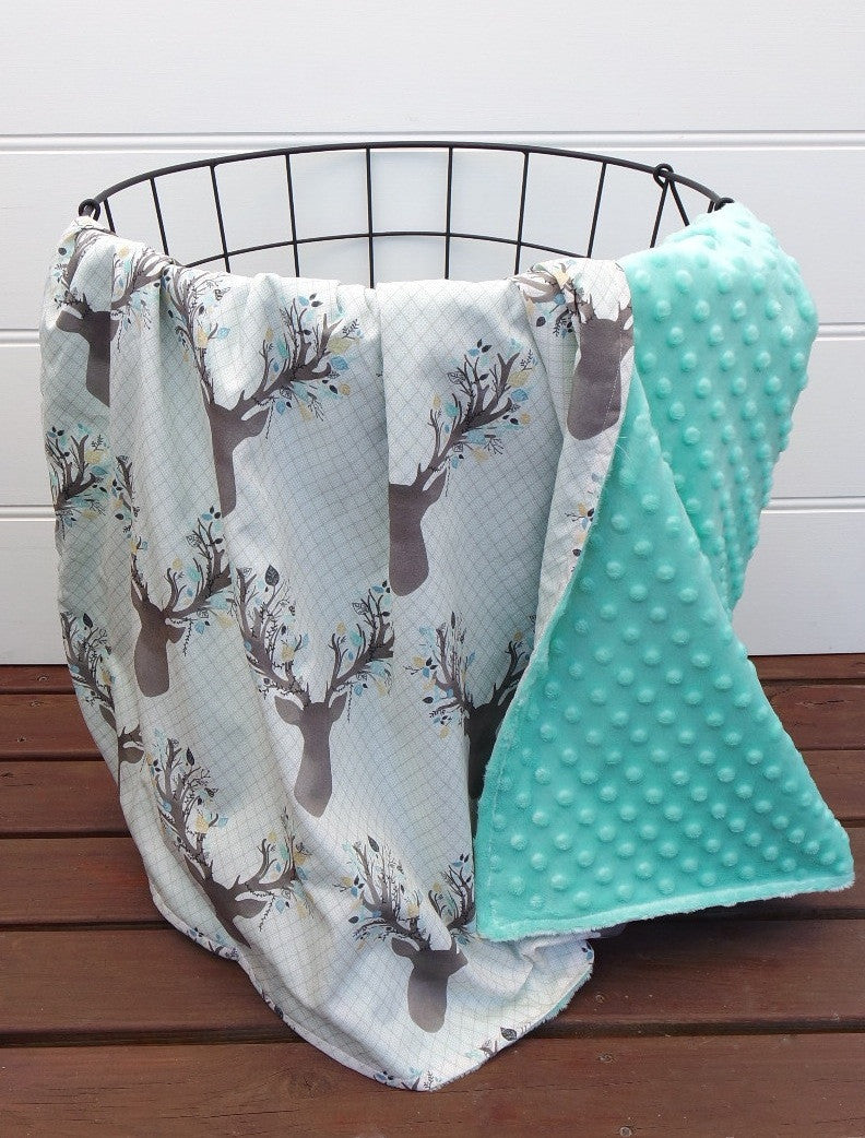 Minky Baby Blanket with Aqua Deer Heads