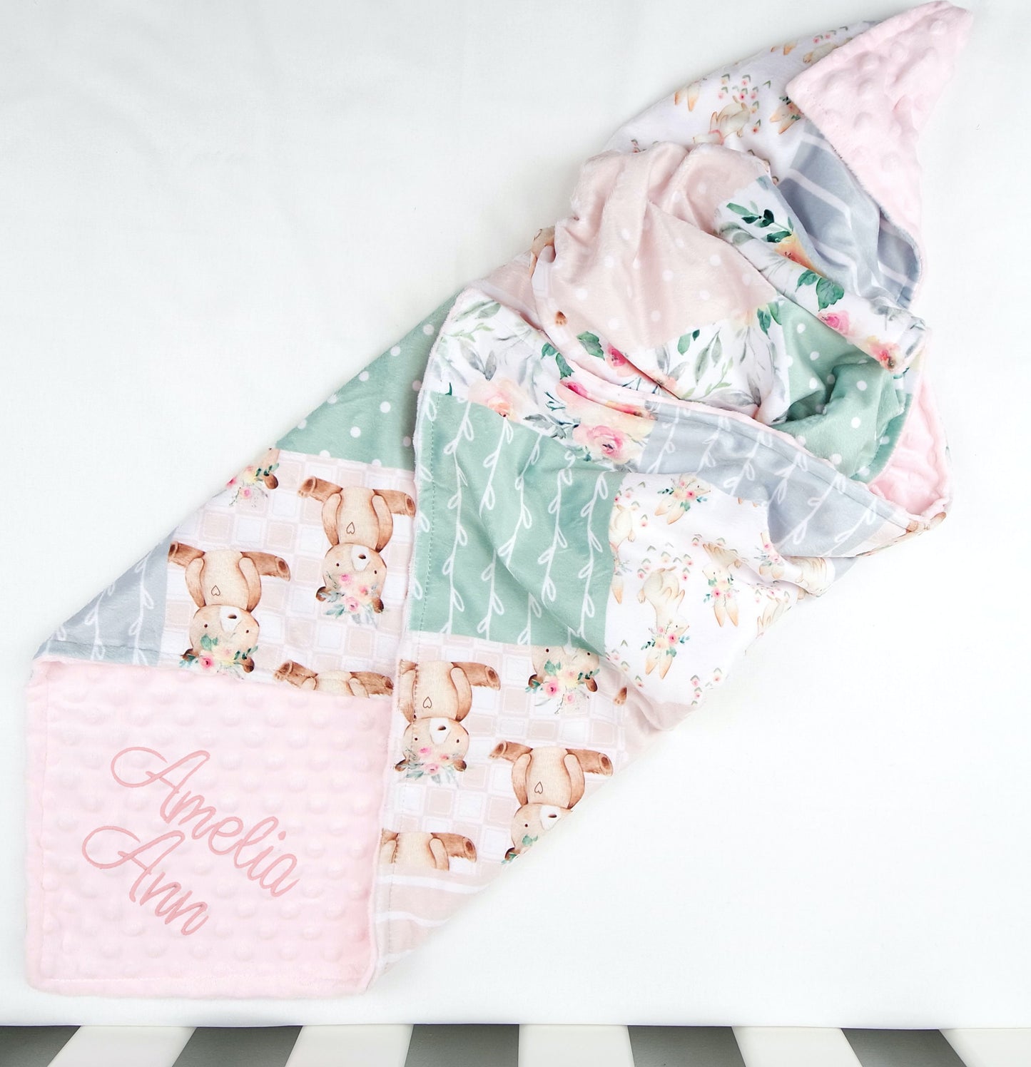 Embroidered Personalised Minky Dot Blanket - "Sweet Pastel Patchwork"