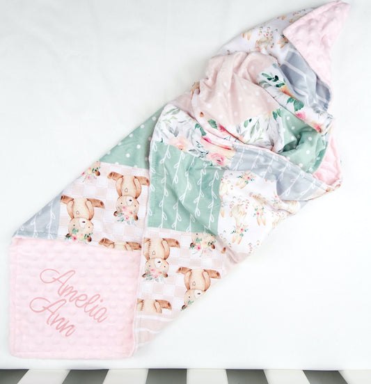 Embroidered Personalised Minky Dot Blanket - "Sweet Pastel Patchwork"