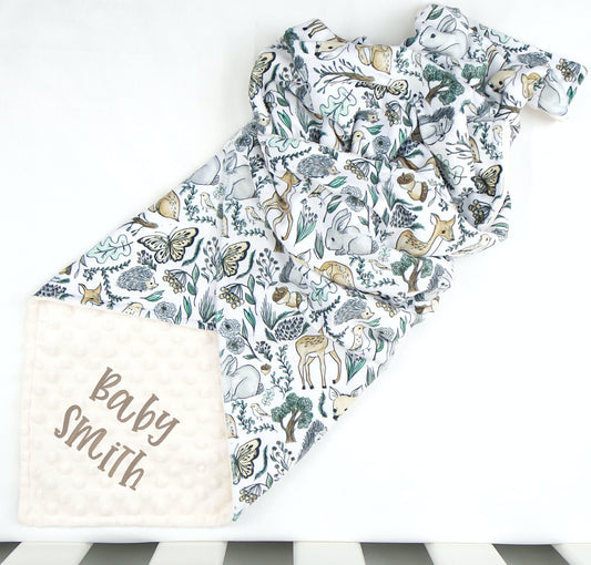 Embroidered Personalised Minky Dot Blanket - "Woodland Animals"
