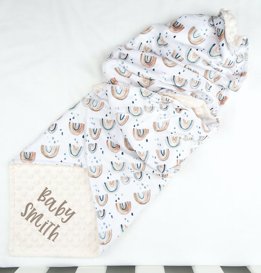 Embroidered Personalised Minky Dot Blanket - "Rainbows"
