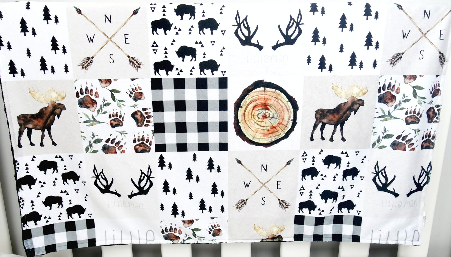 Embroidered Personalised Minky Dot Blanket - "Little Man Woodland"
