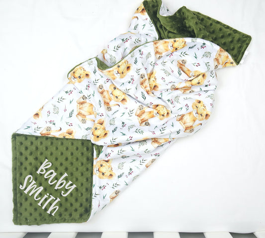 Embroidered Personalised Minky Dot Blanket - "Baby Lions"