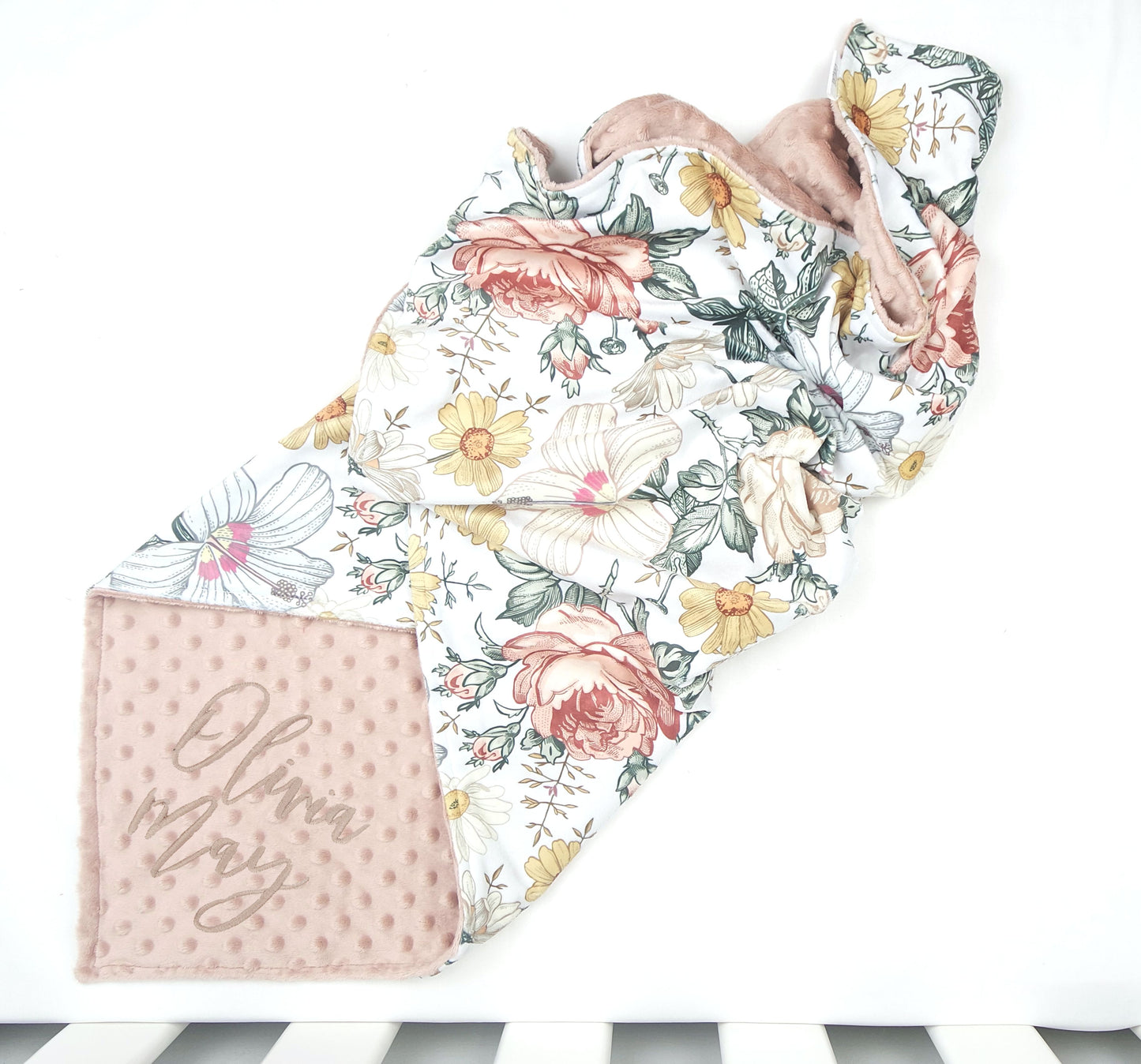 Embroidered Personalised Minky Dot Blanket - "Vintage Floral"