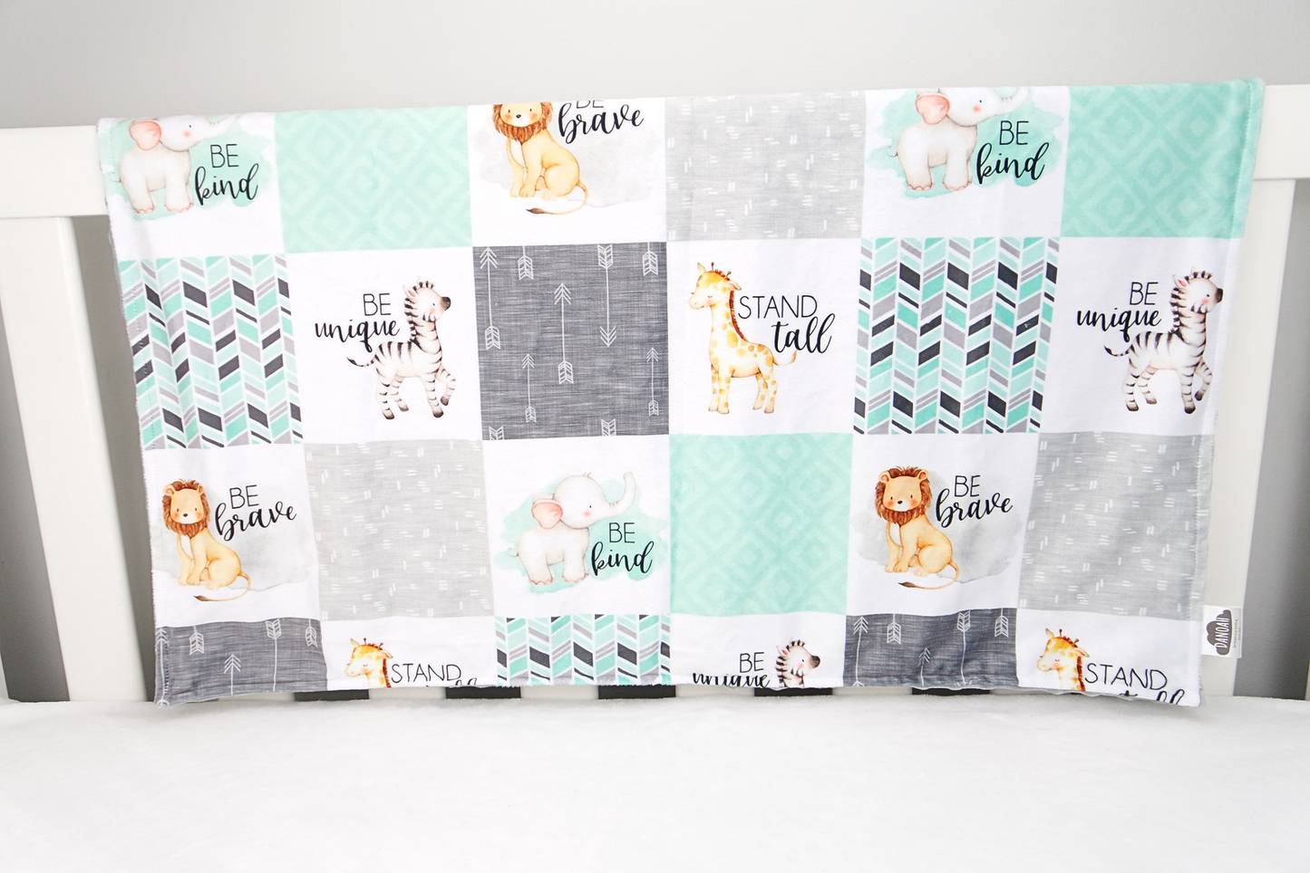 Embroidered Personalised Minky Dot Blanket - "Courageous Animals Mint"