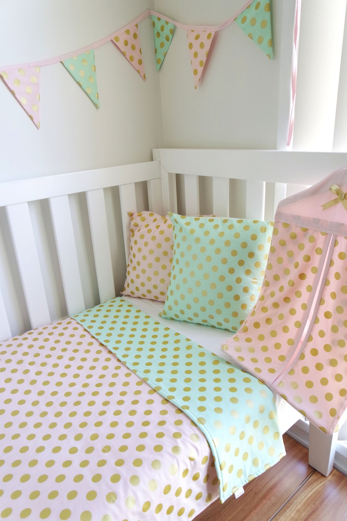 Pink Aqua & Gold Dot Reversible Cot Quilt