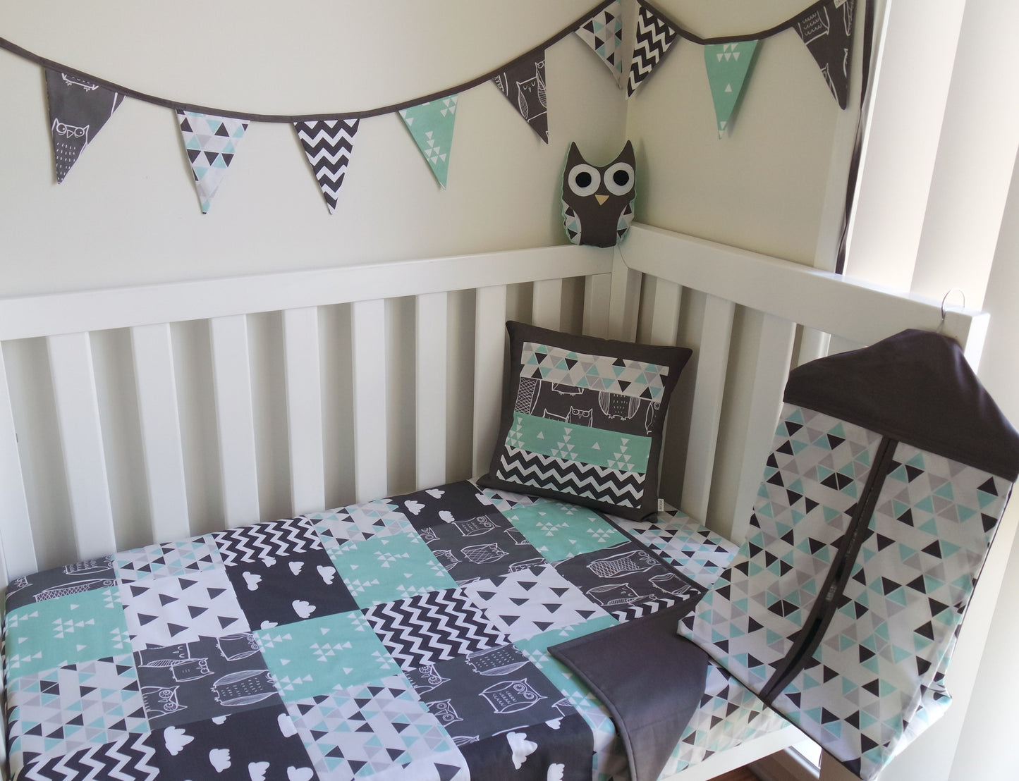 Aqua & Grey Owls Bunting Flags