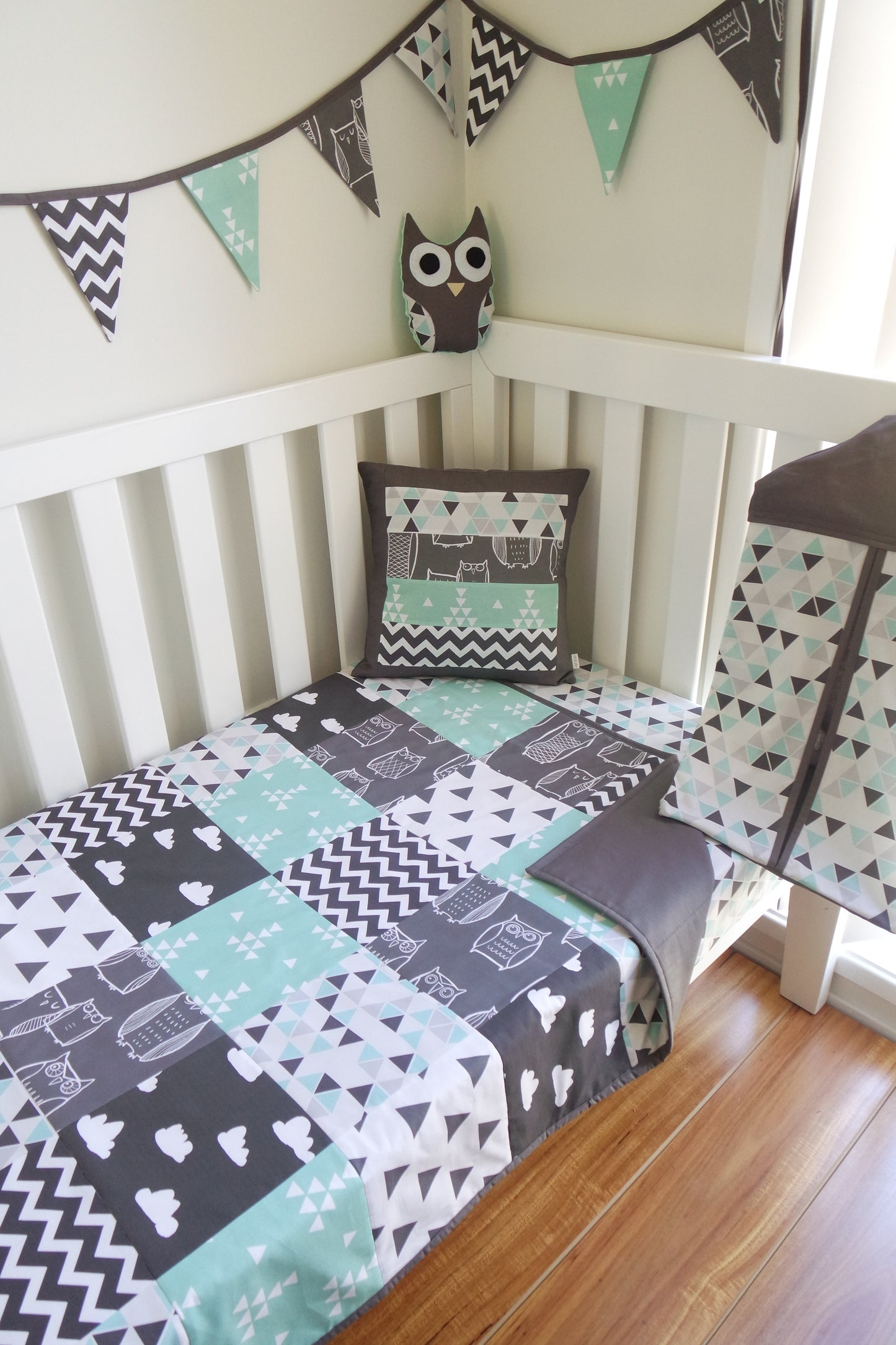 Aqua & Grey Owls Patchwork Quilt