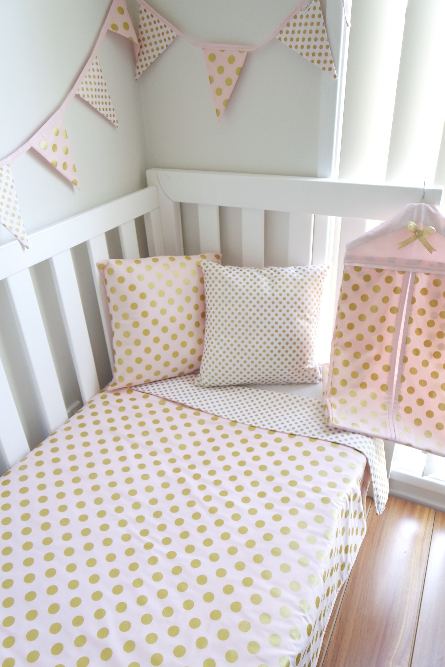 Pink White and Gold Dot Reversible Cot Quilt