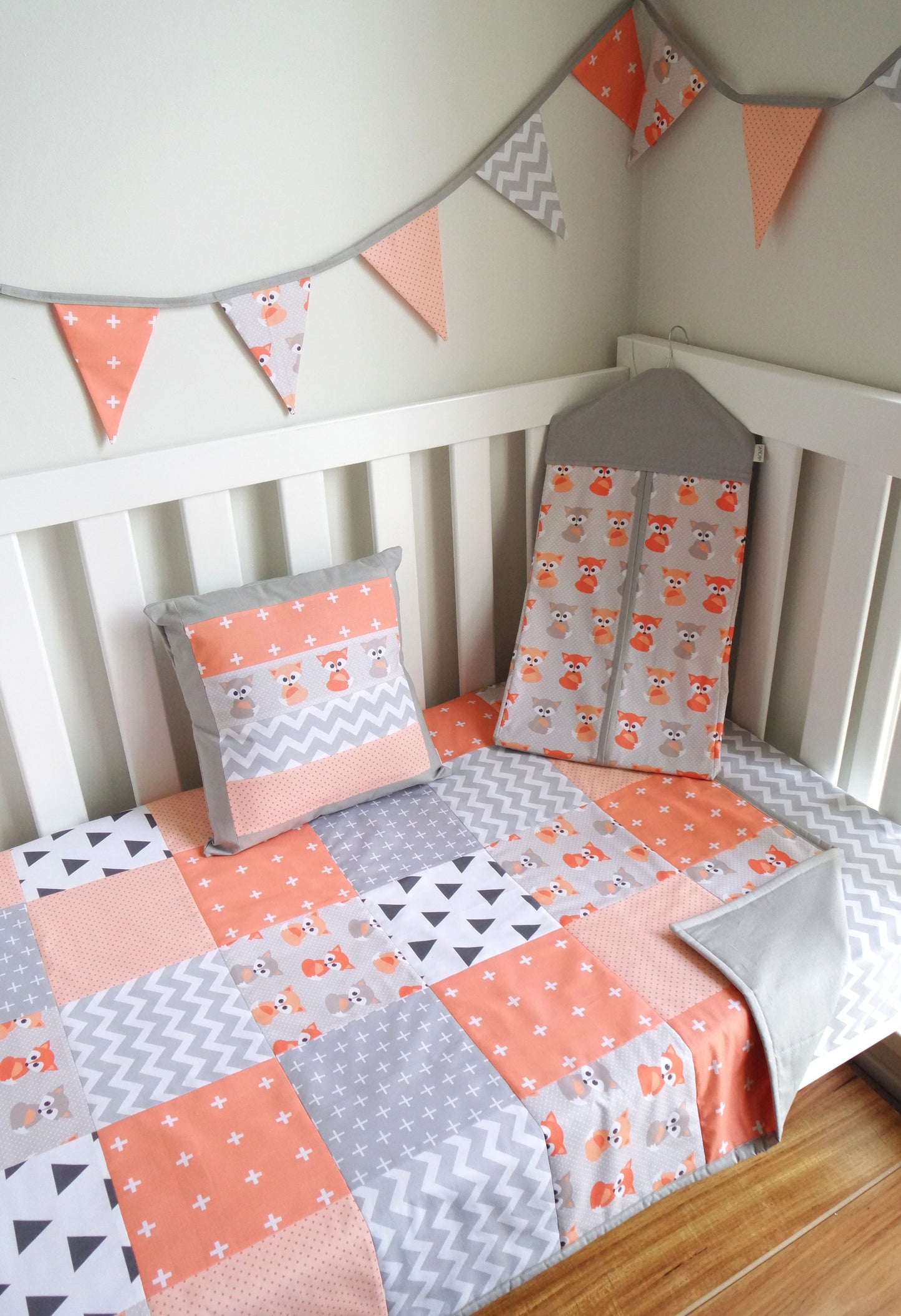 Peach & Grey Foxes Patchwork Quilt