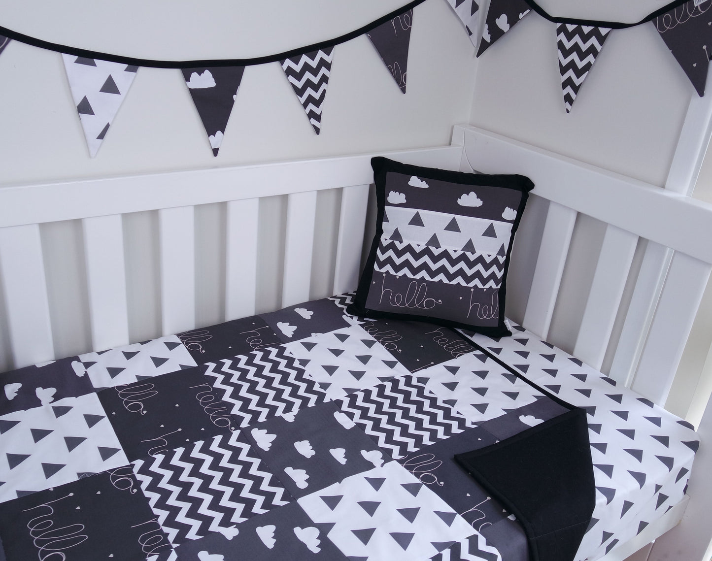 Black & White Hello Clouds Patchwork Quilt