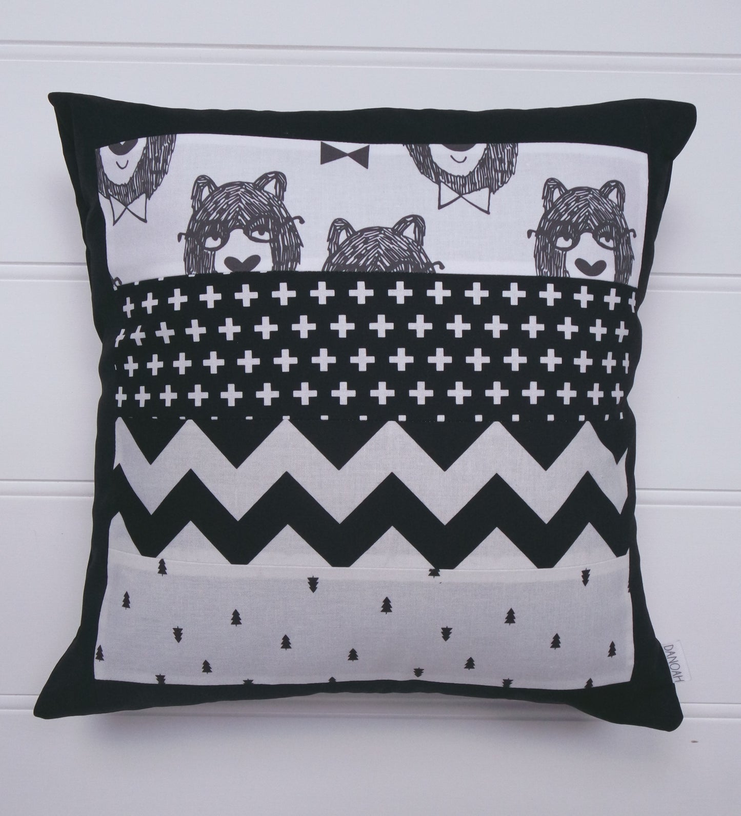 Black & White Bowtie Bear Patchwork Cushion Cover