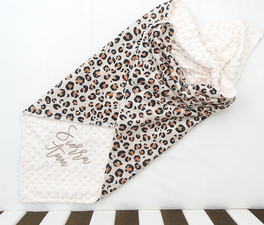 Embroidered Personalised Minky Dot Blanket - "Animal Print"