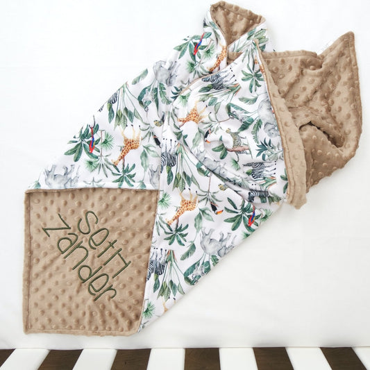 personalised jungle safari print baby minky blanket main