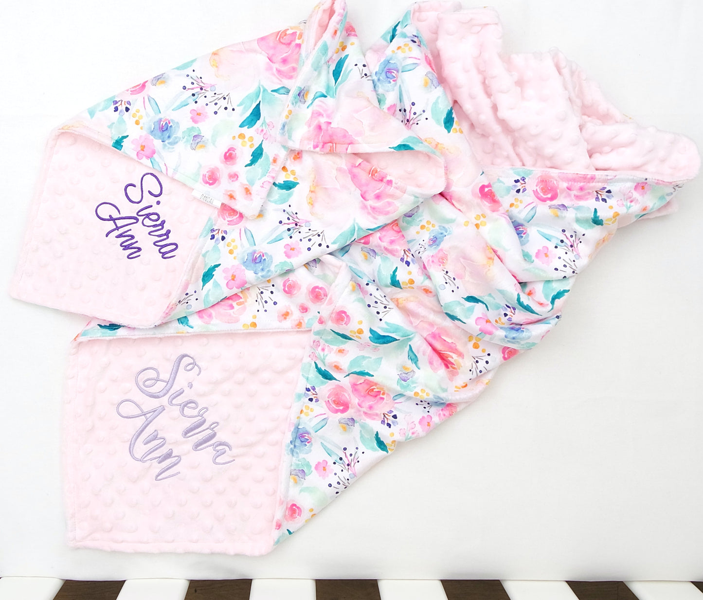 Embroidered Personalised Minky Dot Blanket - "Bright Floral"